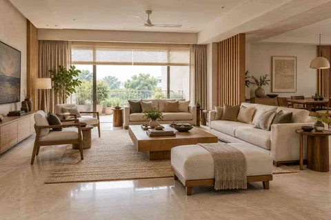 AI-generated living room design concept: extended family seating, ash and linen direction
