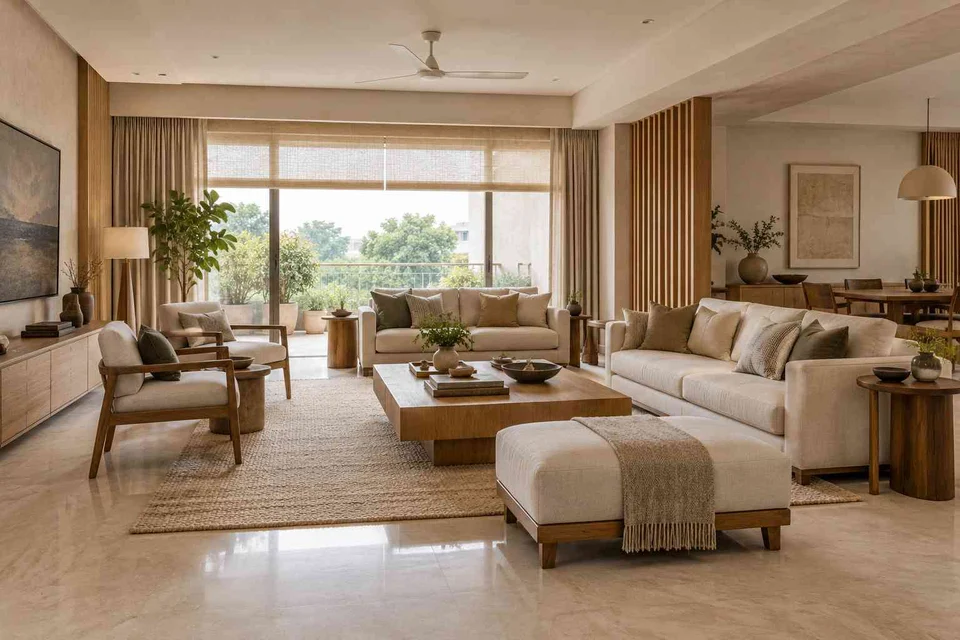 AI-generated living room design concept: extended family seating, ash and linen direction
