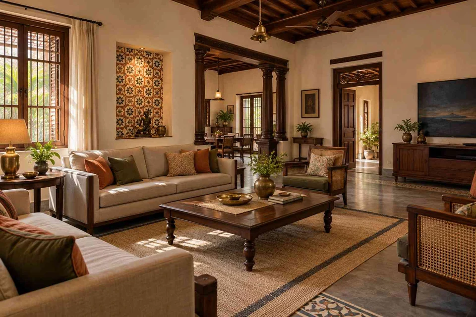 AI-generated living room design concept: extended family seating, chettinad tile direction