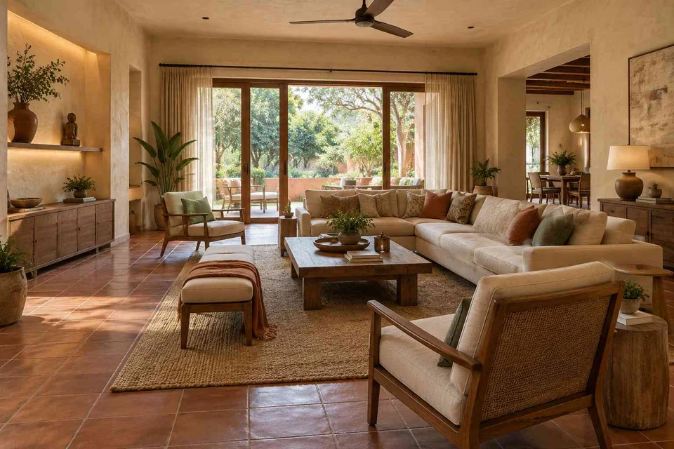 AI-generated living room design concept: extended family seating, clay artisan direction