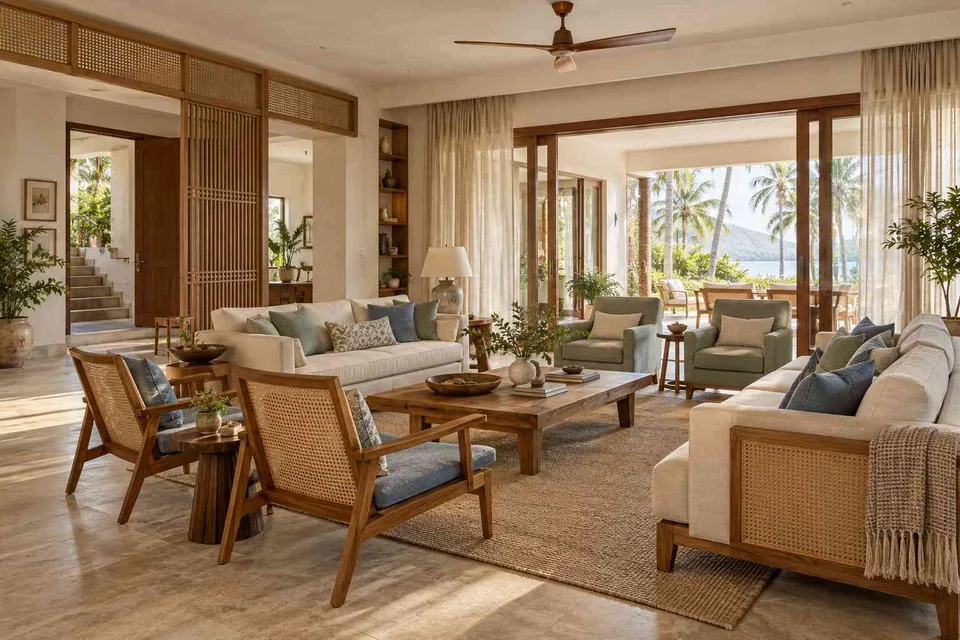 AI-generated living room design concept: extended family seating, coastal woven direction