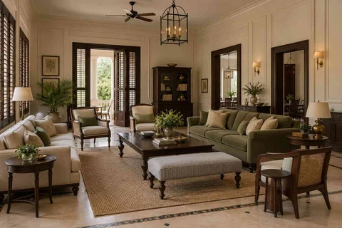 AI-generated living room design concept: extended family seating, colonial quiet direction