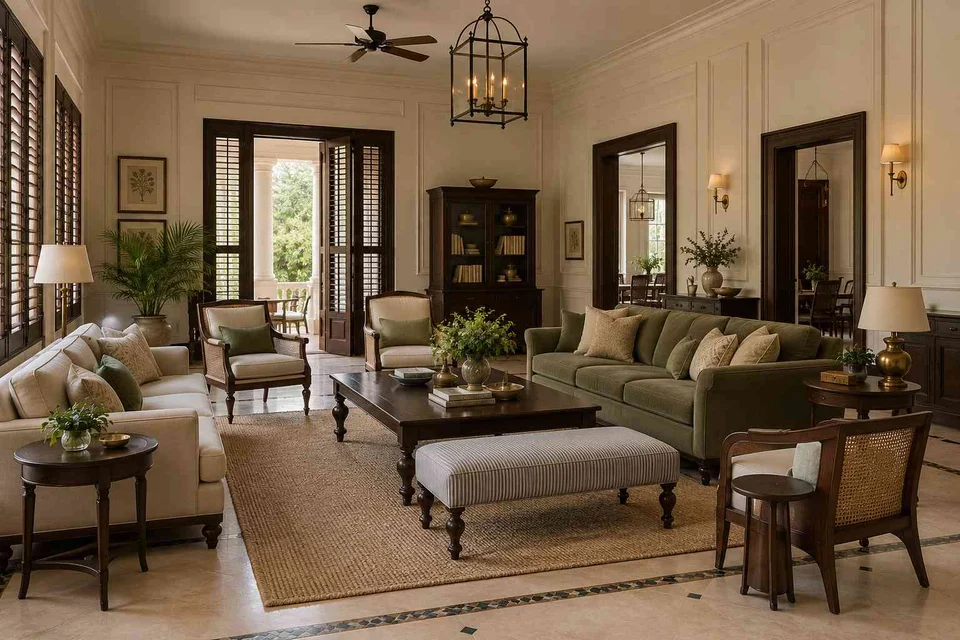 AI-generated living room design concept: extended family seating, colonial quiet direction
