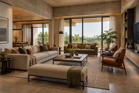 AI-generated living room design concept: extended family seating, concrete and oak direction