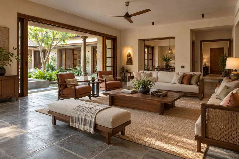 AI-generated living room design concept: extended family seating, courtyard modern direction