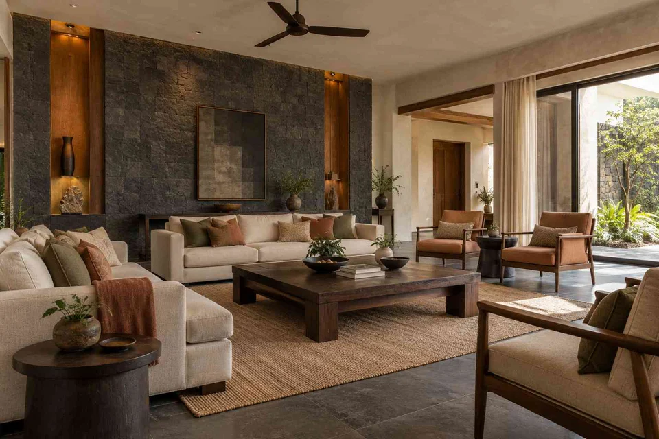 AI-generated living room design concept: extended family seating, deccan stone direction