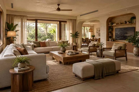AI-generated living room design concept: extended family seating, earth and bamboo direction