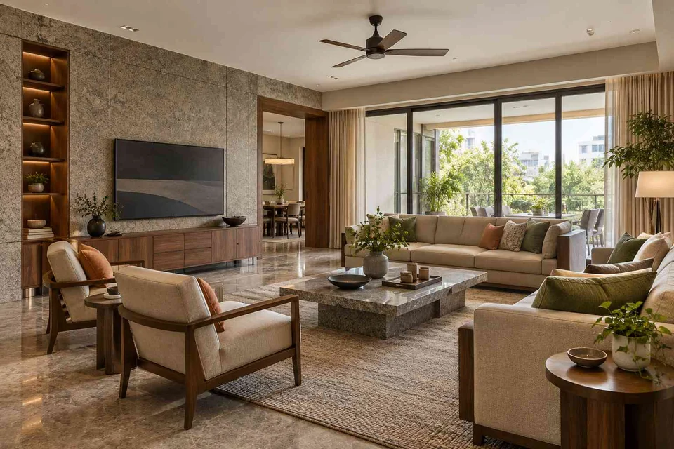 AI-generated living room design concept: extended family seating, granite precision direction