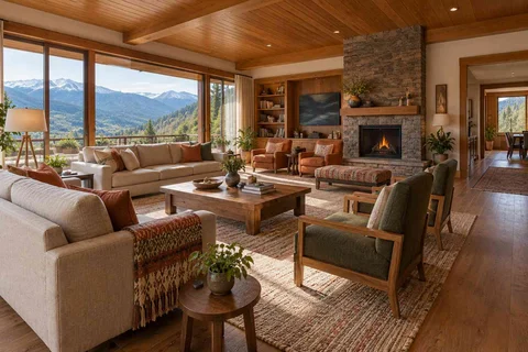 AI-generated living room design concept: extended family seating, hill timber direction