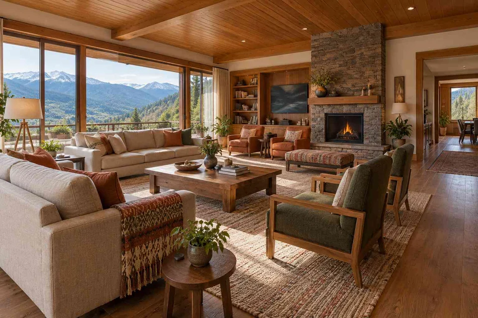 AI-generated living room design concept: extended family seating, hill timber direction