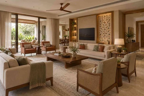 AI-generated living room design concept: extended family seating, inlay atelier direction