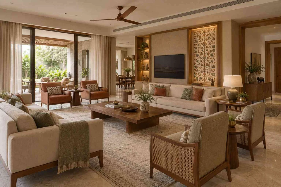 AI-generated living room design concept: extended family seating, inlay atelier direction