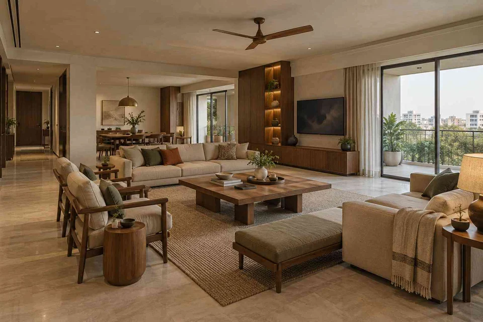 AI-generated living room design concept: extended family seating, lime and walnut direction