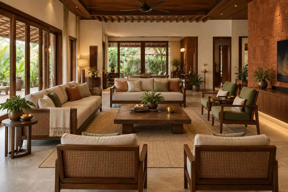 AI-generated living room design concept: extended family seating, malabar timber direction