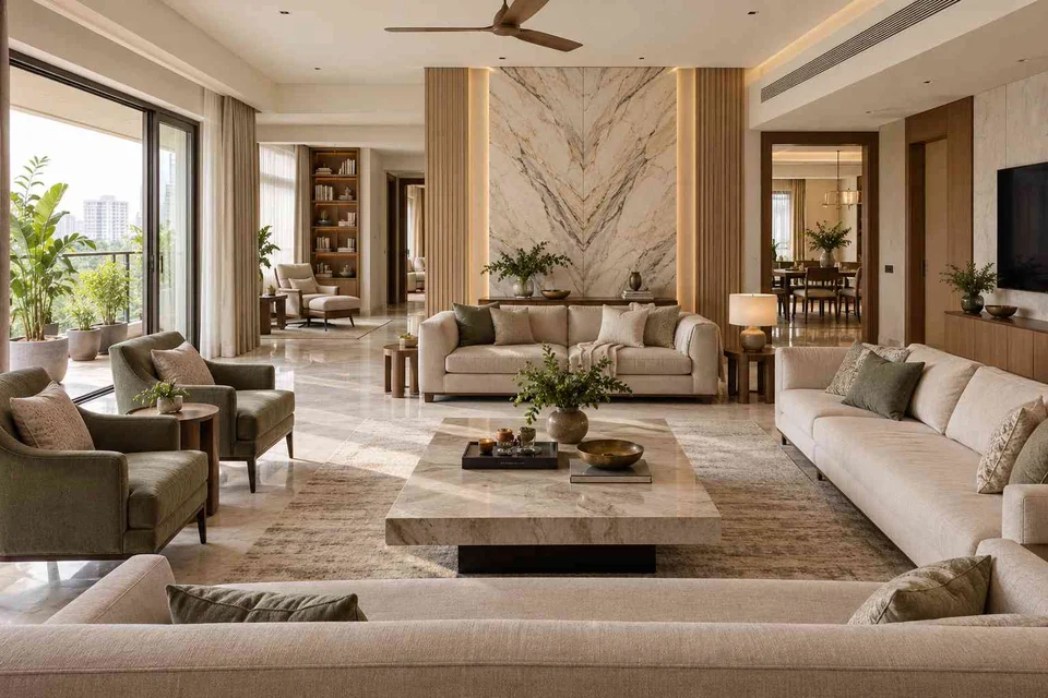 AI-generated living room design concept: extended family seating, marble restraint direction
