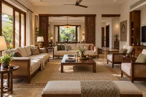 AI-generated living room design concept: extended family seating, modern carved direction