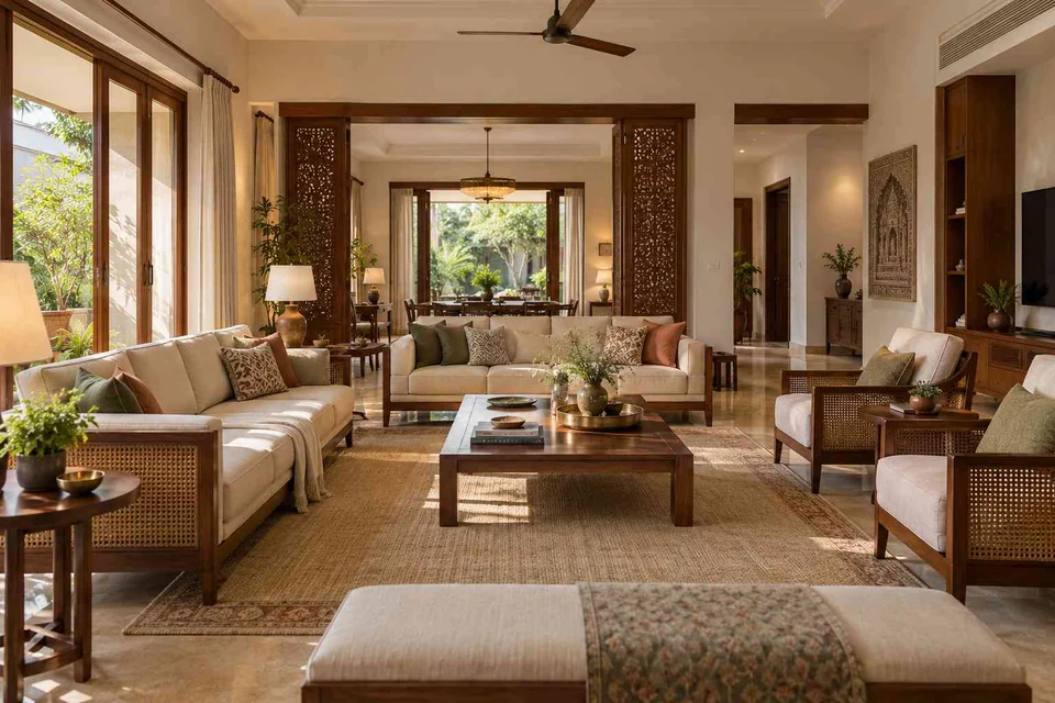 AI-generated living room design concept: extended family seating, modern carved direction