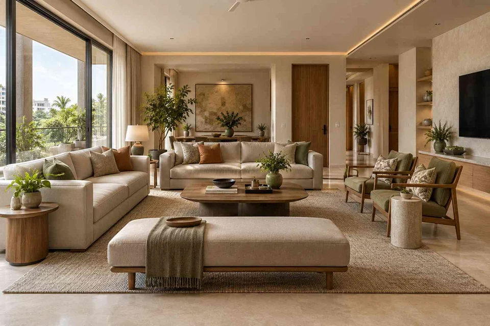 AI-generated living room design concept: extended family seating, quiet contemporary direction