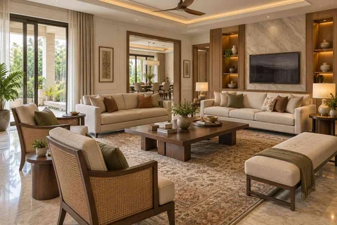 AI-generated living room design concept: extended family seating, quiet transitional direction