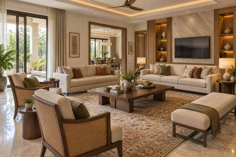 AI-generated living room design concept: extended family seating, quiet transitional direction