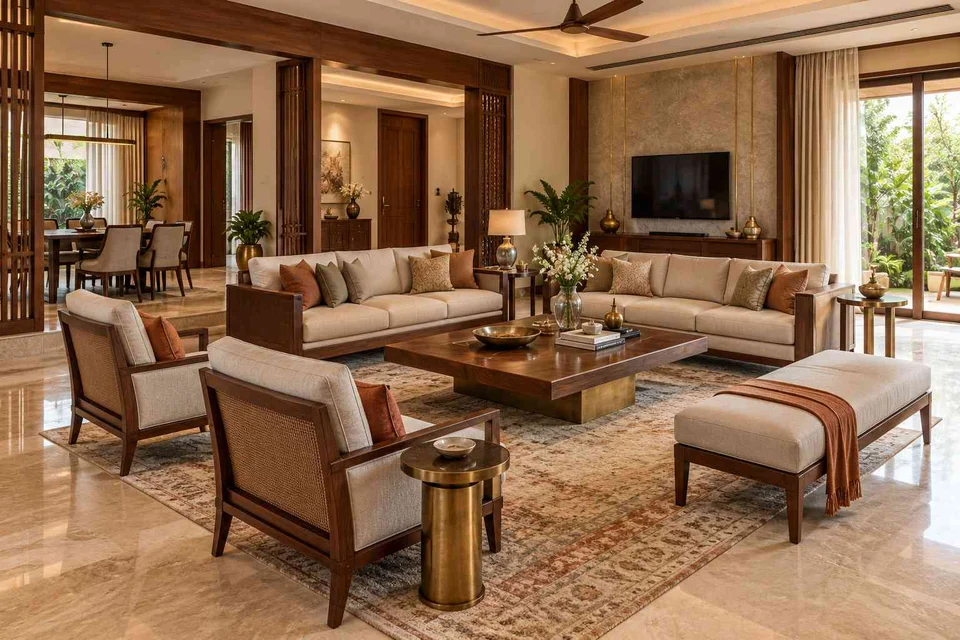 AI-generated living room design concept: extended family seating, rosewood brass direction