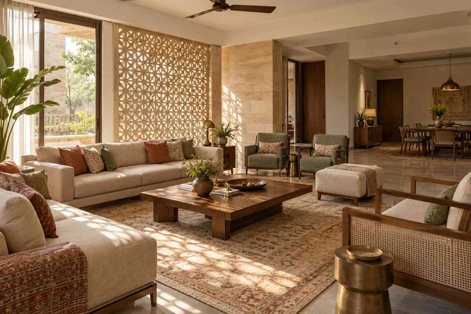 AI-generated living room design concept: extended family seating, sandstone lattice direction