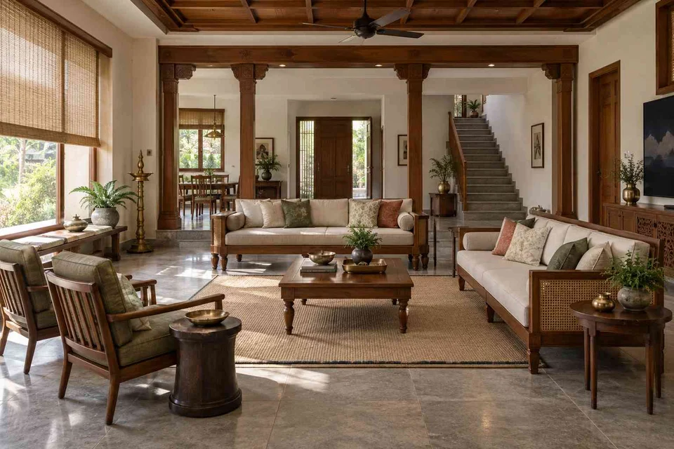 AI-generated living room design concept: extended family seating, teak craft direction