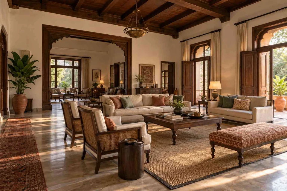 AI-generated living room design concept: extended family seating, terracotta heritage direction