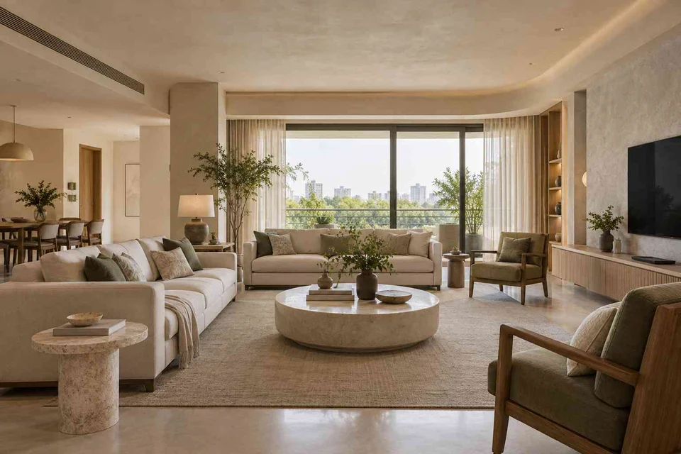 AI-generated living room design concept: extended family seating, textured mineral direction