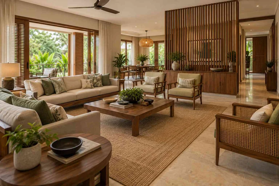 AI-generated living room design concept: extended family seating, tropical slatted direction