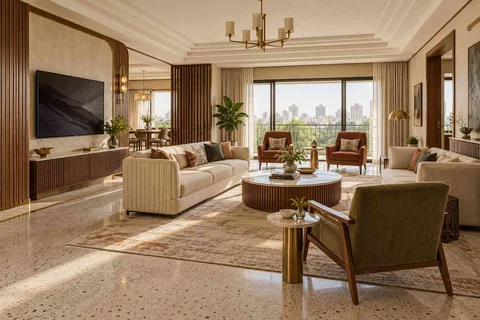 AI-generated living room design concept: extended family seating, urban deco direction