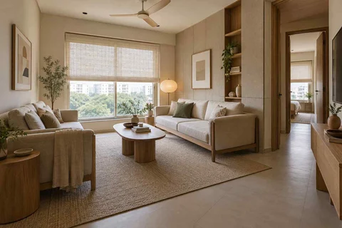 AI-generated living room design concept: facing loveseats, ash and linen direction