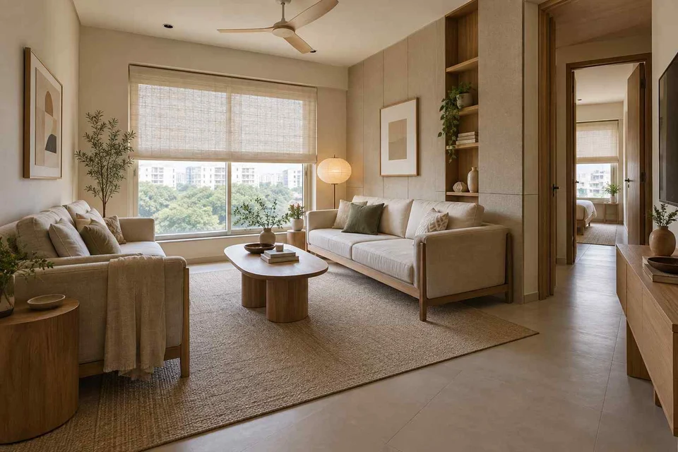 AI-generated living room design concept: facing loveseats, ash and linen direction