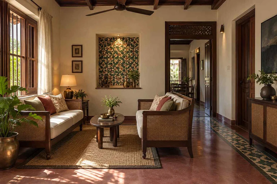 AI-generated living room design concept: facing loveseats, chettinad tile direction