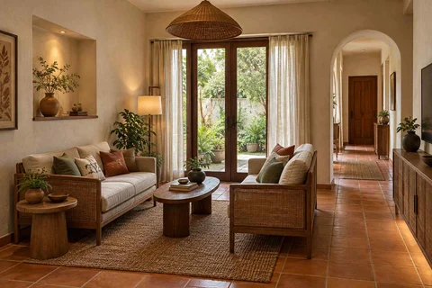 AI-generated living room design concept: facing loveseats, clay artisan direction