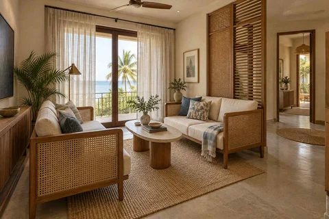 AI-generated living room design concept: facing loveseats, coastal woven direction