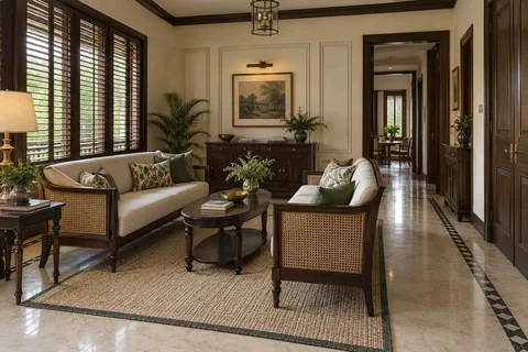 AI-generated living room design concept: facing loveseats, colonial quiet direction