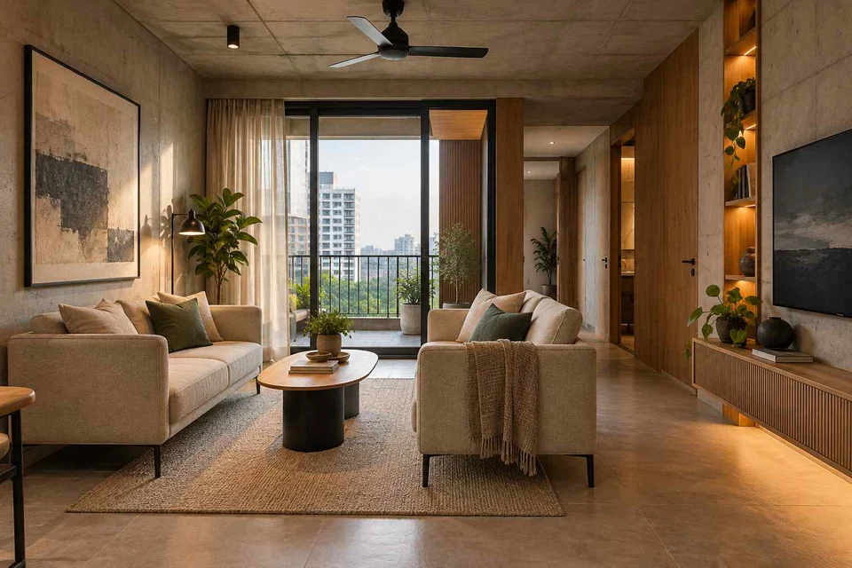 AI-generated living room design concept: facing loveseats, concrete and oak direction