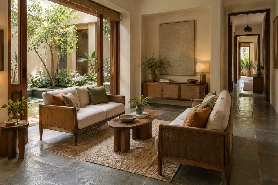 AI-generated living room design concept: facing loveseats, courtyard modern direction