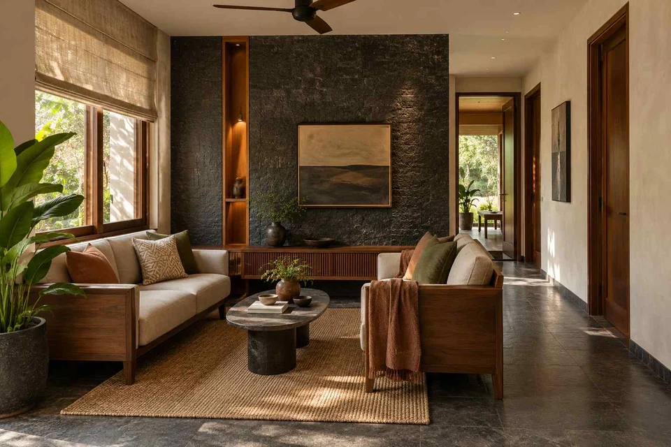 AI-generated living room design concept: facing loveseats, deccan stone direction