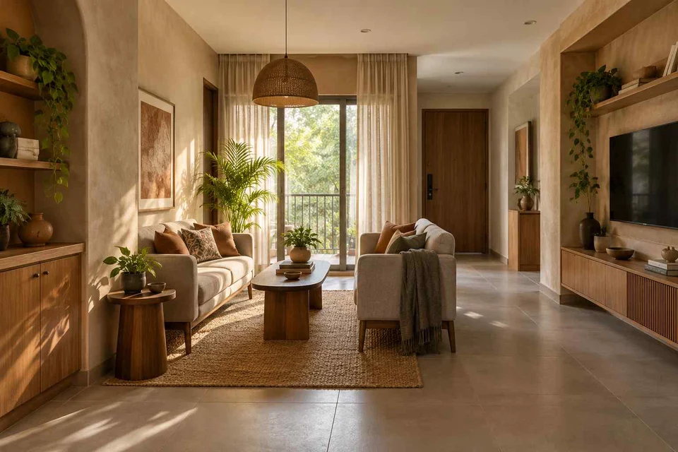 AI-generated living room design concept: facing loveseats, earth and bamboo direction