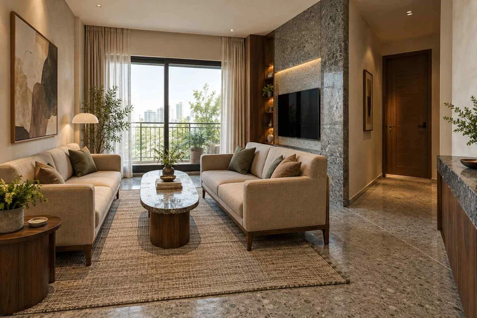 AI-generated living room design concept: facing loveseats, granite precision direction
