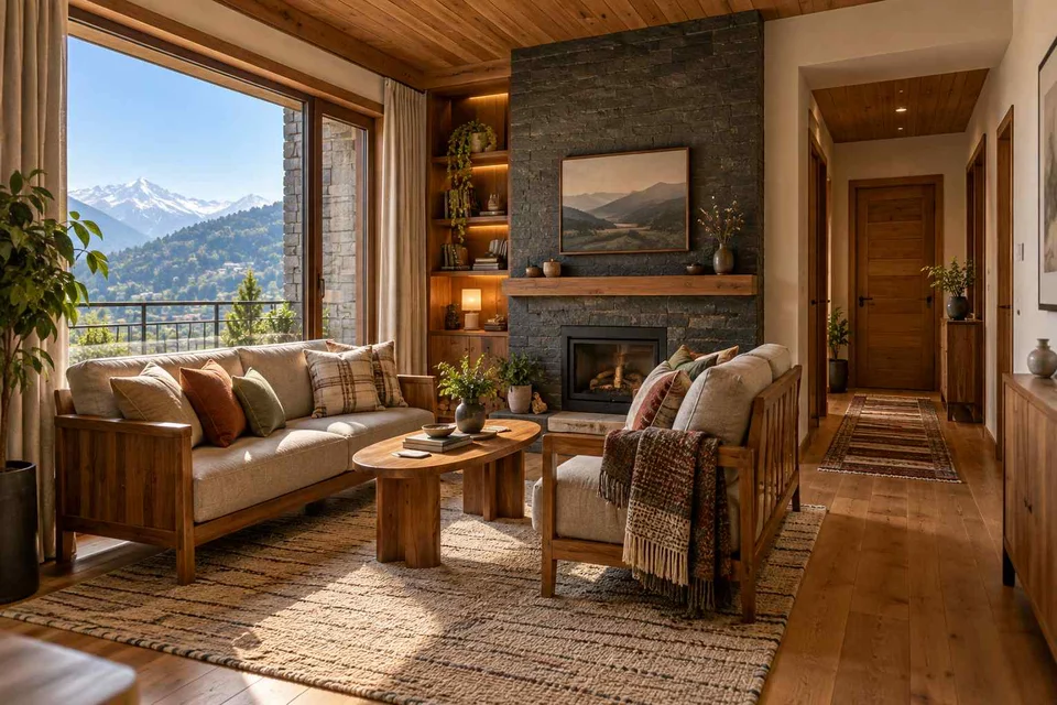 AI-generated living room design concept: facing loveseats, hill timber direction
