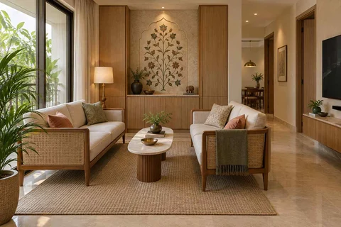 AI-generated living room design concept: facing loveseats, inlay atelier direction