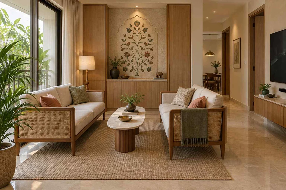 AI-generated living room design concept: facing loveseats, inlay atelier direction