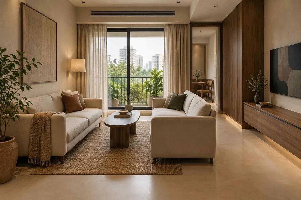 AI-generated living room design concept: facing loveseats, lime and walnut direction