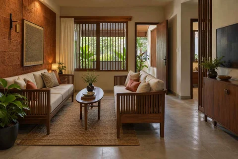 AI-generated living room design concept: facing loveseats, malabar timber direction