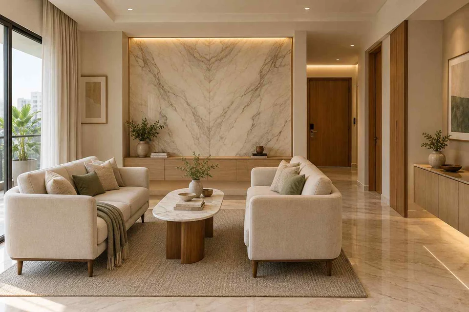 AI-generated living room design concept: facing loveseats, marble restraint direction