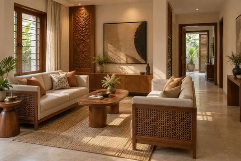 AI-generated living room design concept: facing loveseats, modern carved direction