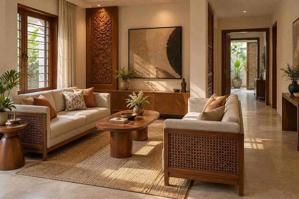 AI-generated living room design concept: facing loveseats, modern carved direction